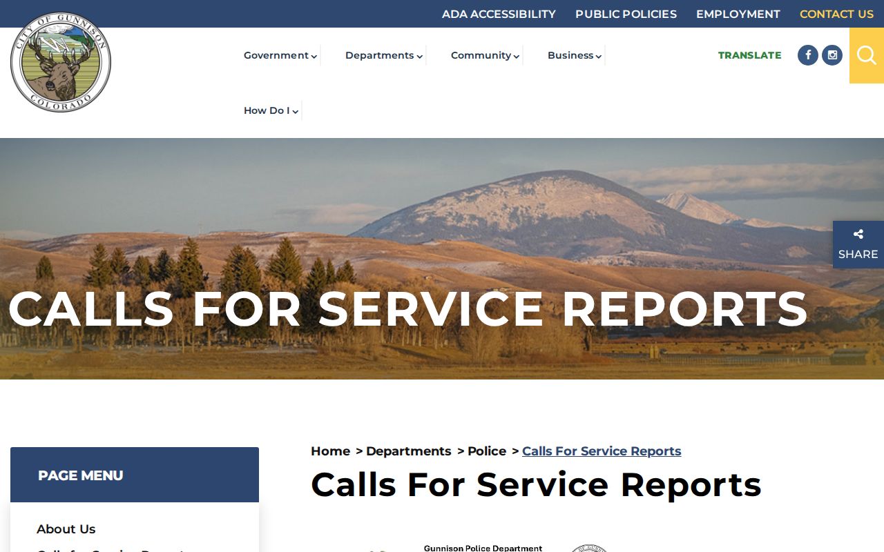 Gunnison Police monthly calls for service reports for city arrest activity