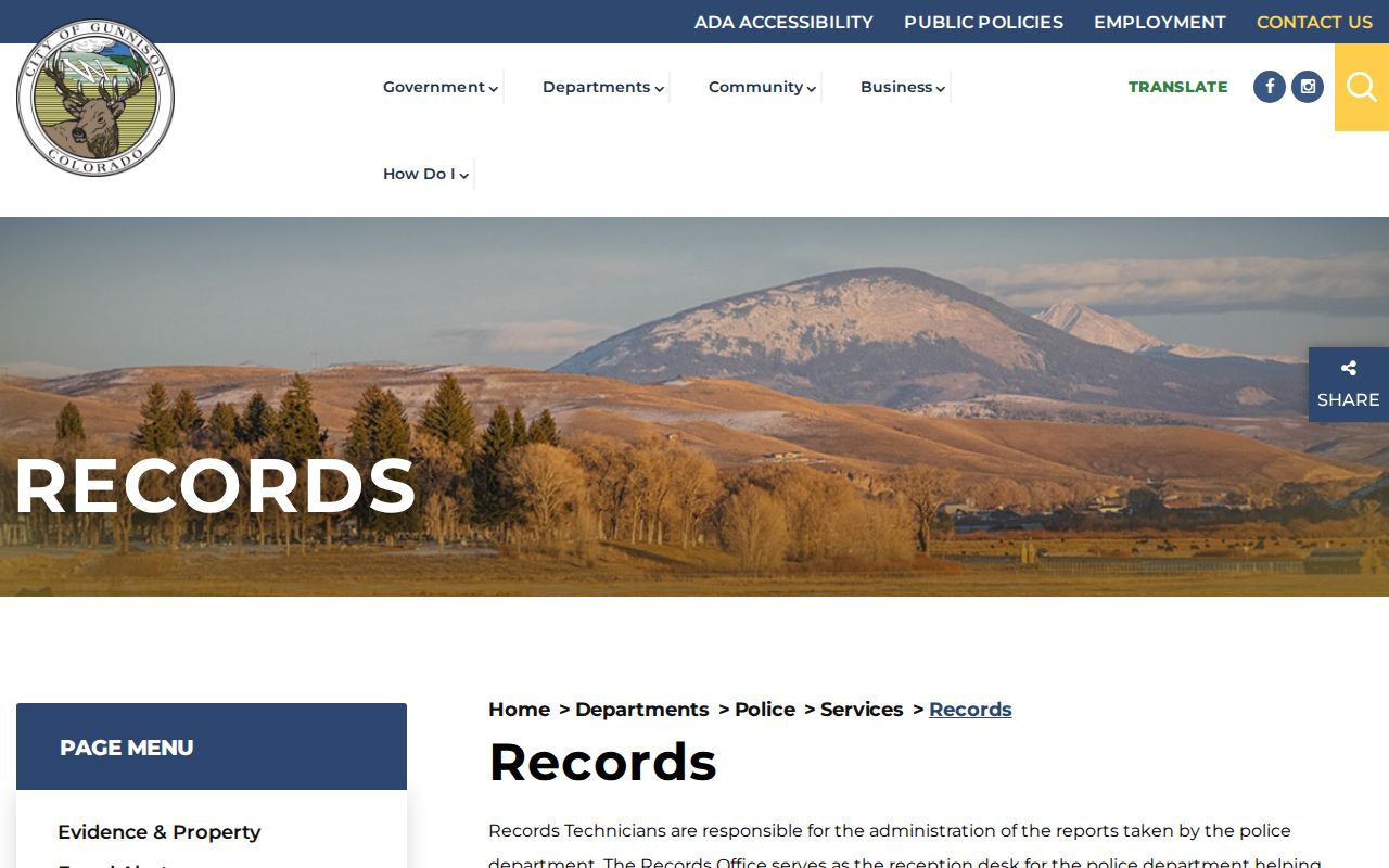 Gunnison Police arrest records request and fee page