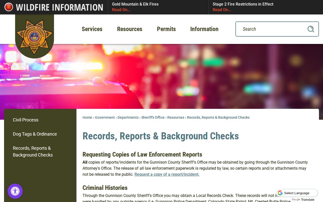 Gunnison County booking photo and report request route