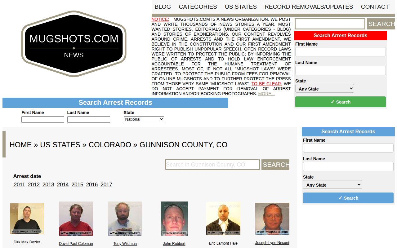Unofficial stale Gunnison County mugshot archive from 2011 through 2017