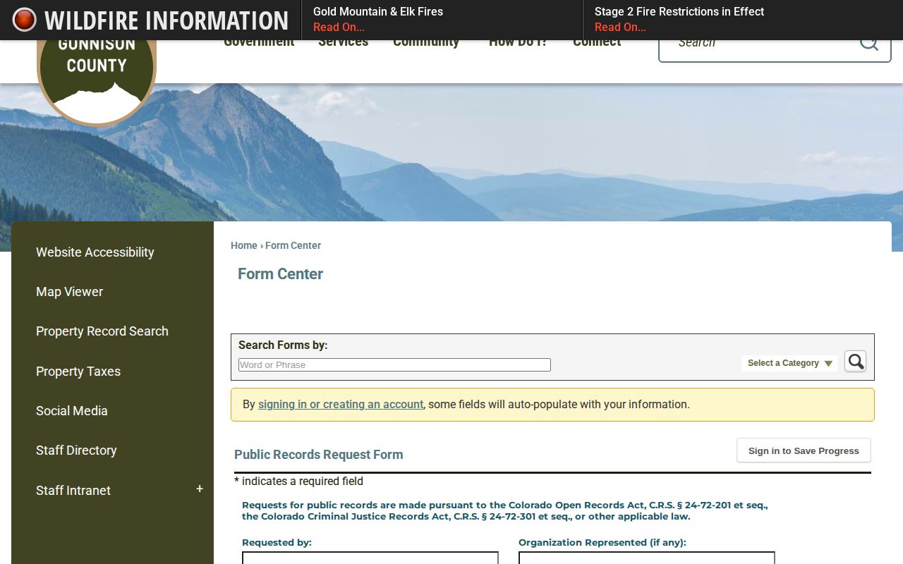 Gunnison County public records request form for booking records