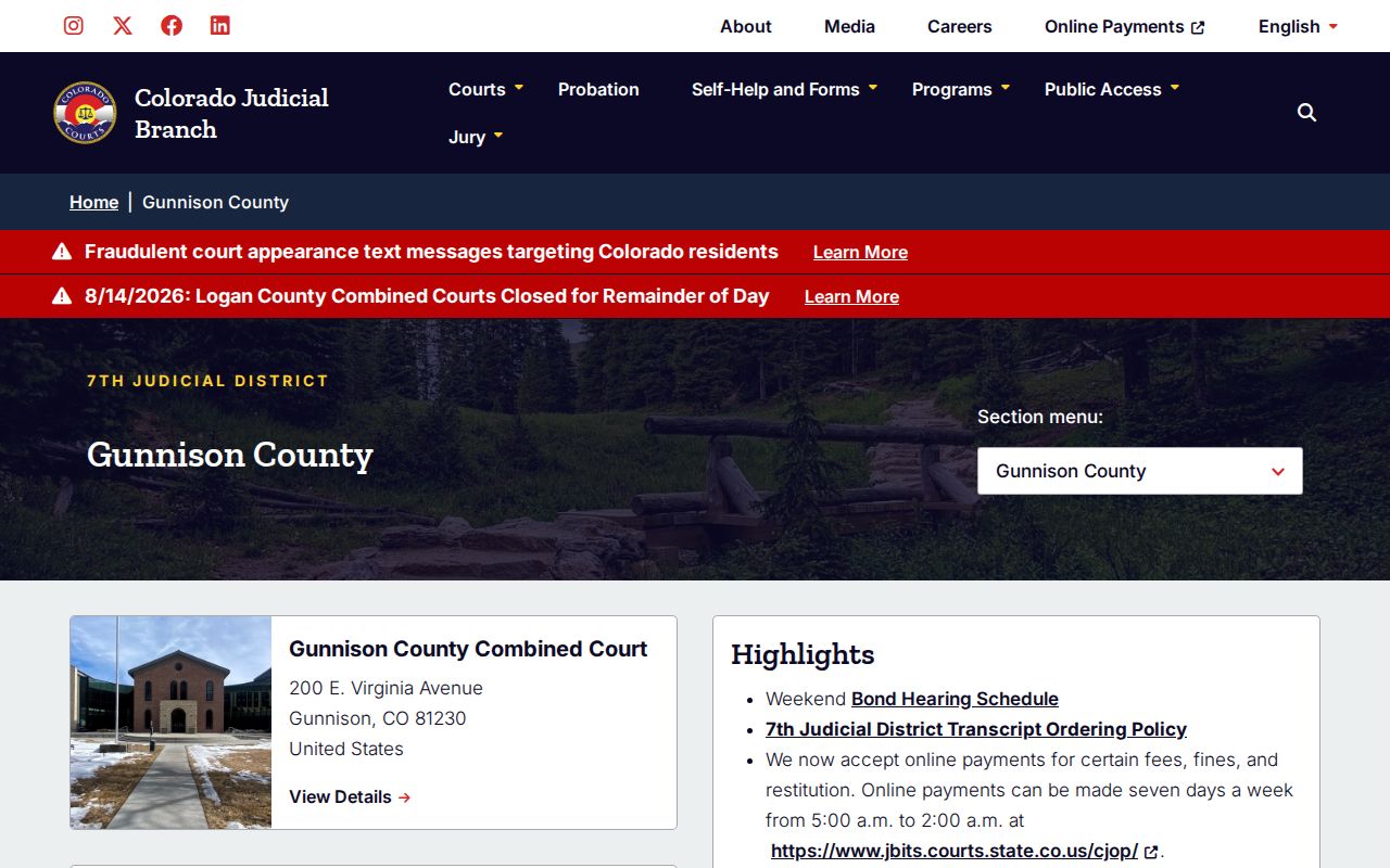 Gunnison County Combined Court warrant confirmation contact